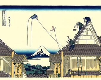 Japanese Ukiyo-e Woodblock print, Katsushika Hokusai, "A sketch of the Mitsui shop in Suruga in Edo, Thirty-six Views of Mount Fuji"