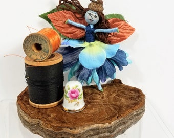 Bendy doll, Fairy, Blue, Copper, Green, Flower fairy, Acorn cap, Dollhouse, 4", handmade, hand painted, bendable, woodland, pocket size
