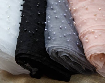 1 yard Transparent, light matte mesh fabric embroidered with pearls Embroidery tulle with pearls Gray tulle White bridal mesh Black tulle