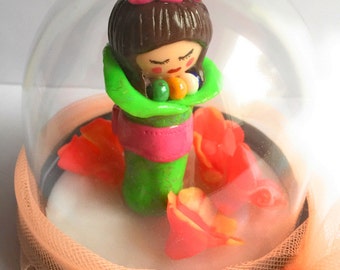 Customizable decoration ball / Globe transparent/Miniature/figurine/Kokeshi/fimo/Kimono green neon/flowers/rose/idea gift/kawaii