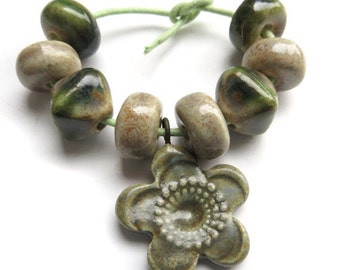 Handmade Ceramic pendant and Bead Set, Forest Whispers Ceramic Bead Set with Flower Pendant, glazed ceramic beads, kiln fired beads-UK SRAJD