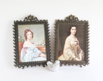 Italian Lovely Ladies Portraits in Brass Frames Wall Decor Set of 2