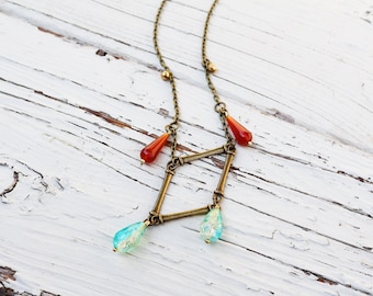 Hippie Chic--Trending-- Necklace--Vintage--Repurposed--One of a Kind--Gold--Sea Blue--Red--Hippie Style--Upcycled--Bohohemian--Boho--Gypsy