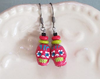Pink Sugar Skull Earrings, Dia de Los Muertos, Day of the Dead, Chartreuse glass, hand painted