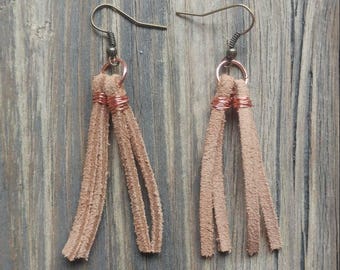 Leather and copper fringe earrings