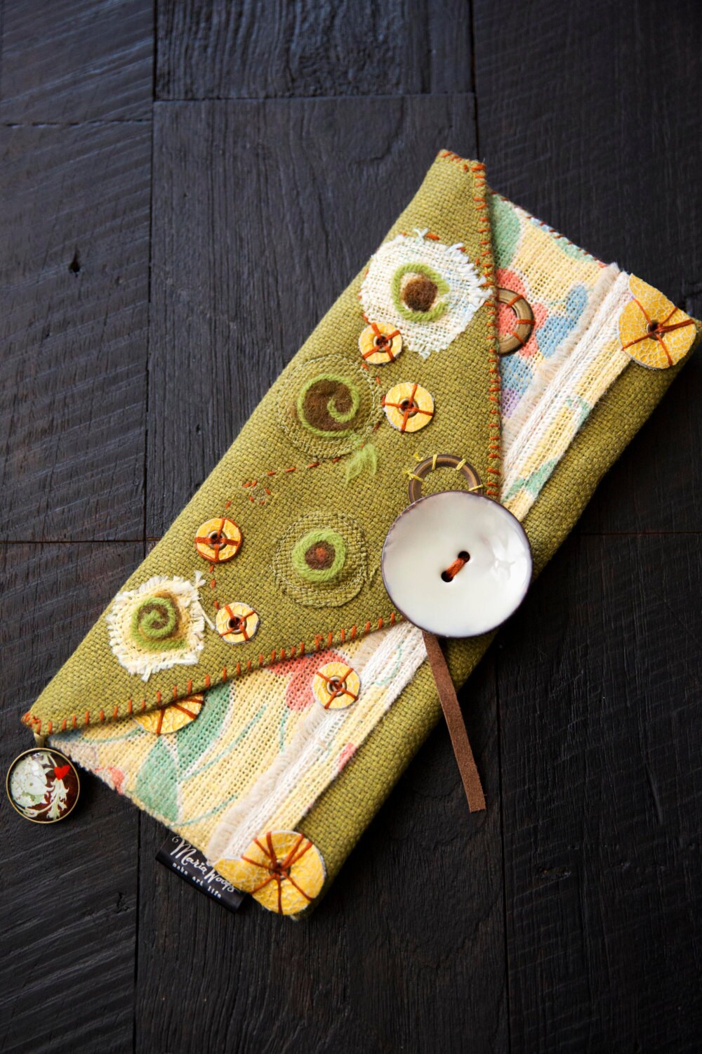 Oneofakind clutch. Wearable art handmade in olive green