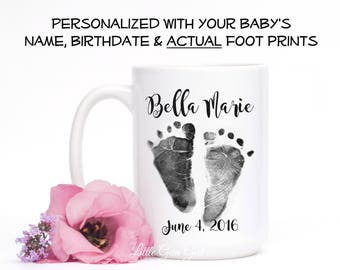 Your Baby's Actual Footprint Coffee Mug - Personalized Foot Print or Hand Print Coffee Cup with Name and Birthday - Custom Mom Dad Mug