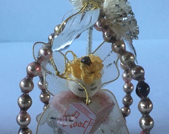 Beautiful Rare Vintage Spun Cotton Angel Mercury Glass Beaded Christmas Tree Ornament