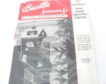 Vintage Christmas Stocking Kit, 1950's Bucilla Jeweled Santa In Boot Kiddie Stocking, Felt Christmas Stocking Kit, 1950's Christmas