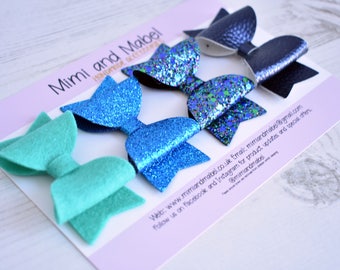 Navy hair bow set, blue hair bows, glitter hair bow, sparkly hair bow, toddler hair clips, felt hair bow, small hair clips, baby hair clips