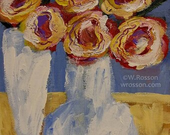 Whimsical Flowers, Ranunculus, White Milk Glass, White Vases, Flower Painting, Winjimir, Original Painting, Original Art, Wall Art, Gift,