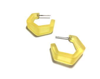 Lemon Yellow Hoops Earrings | Frosted Tapered Hex Hoops | vintage mod lucite hoop earrings