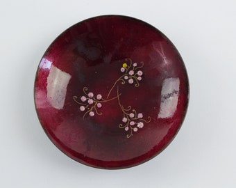 Vintage Red Copper Enamel Bowl - Tiny Pink Flowers - Signed Mid Century Modern Art Trinket Dish