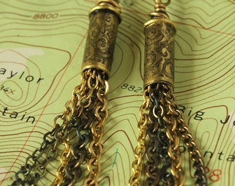 22 Caliber Etched Brass Bullet Shell Casing Earrings with chain dangles - Gypsy Steampunk - BEE-CH***