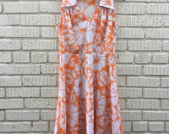 70s Orange Floral Dress. 1970s Large White Print Sleeveless Dress. Medium.