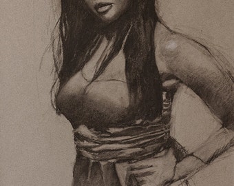 Charcoal figure drawing fine art digital print of original charcoal on toned paper, Woman in Satin Dress, by Vernon Grant 11" x 15"