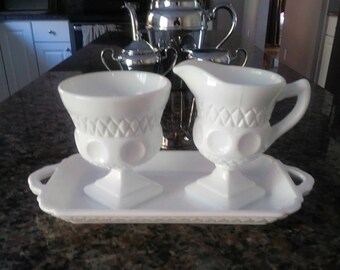 1970s Vintage Milk Glass Creamer and Sugar pitcher server Bowl Set with tray, Colony Thumbprint with diamond and circle pattern