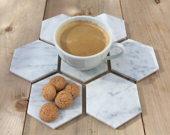 Hexagon Carrara White Carrera Marble Coasters | Marble Coasters | Hostess Gift | Housewarming Gift | Gift for women | Geometric coasters