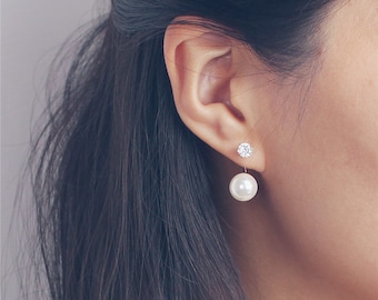 CZ diamond front and Pearl back earrings - two way pearl earrings
