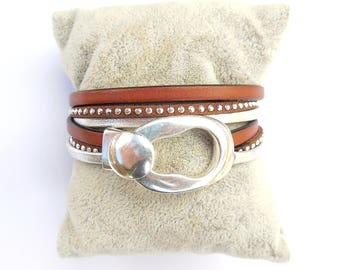 Brown leather and Silver buckle clasp with silver plated bracelet