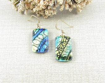 Small Hand-Etched Dichroic Glass Earrings - Petite Hanging Earrings - Fused Dichroic Glass Dangle and Drop Earrings - Dichroic Glass Jewelry