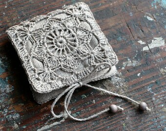 Small Linen Needle Book with Crochet detail