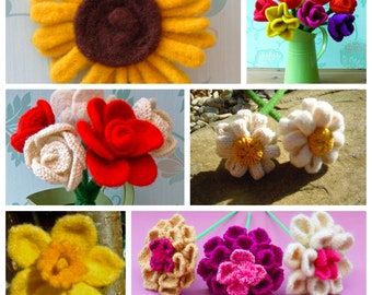6 Knitting Patterns, fabulous multi deal - knit 6 different Flowers, PDF'S, home decor