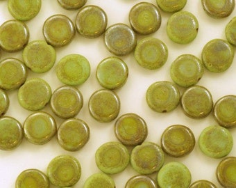 Czech Glass Opaque Rustic Green Picasso Coin Beads 9mm - 25
