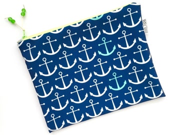 Navy Anchors Wet Bag, Water Resistant Bikini Bag, Nautical Bag Zipper Pouch, Recycled Canvas, Wipe-able Handmade Gift for Mom, Diaper Mess