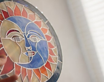 Sun Moon Face Eclipse Tiffany Style Stained Glass Window Handcrafted Suncatcher