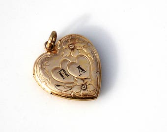 Mid Century Sweetheart Gold Floral Locket - Initials RA