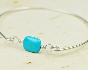 Tiny Turquoise Bangle Bracelet- Turquoise Colored Gemstone and Sterling Silver Filled Wire Wrapped Bracelet- Custom Made to Size