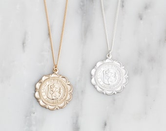 Dainty Gold Coin Necklace / Gold Filled St Christopher Necklace / Traveler's Necklace / Gold Medallion Necklace/Saint Christopher Protect Us