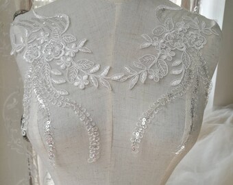 White sequin beaded lace appliques for bridal and eveningwear, 1 Pair -L79