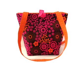 Floral Purse, Small Tote Bag, Brown Cloth Purse, Fabric Bag, Pink, Orange Flowers, Handmade Handbag, Shoulder Bag, Teen Purse