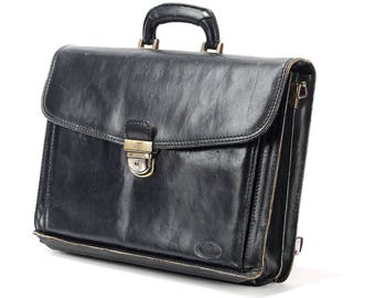 1980s Black Briefcase Vintage Distressed Leather Briefcase Black Portfolio Professor Bag Large Laptop Case Men Gift Retro Document Case