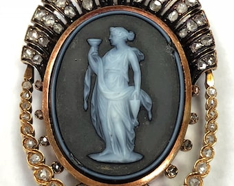 Victorian Cameo Pendant with Rose Cut Diamonds and a Pearl
