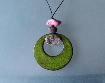 Pink and green ceramic handmade necklace