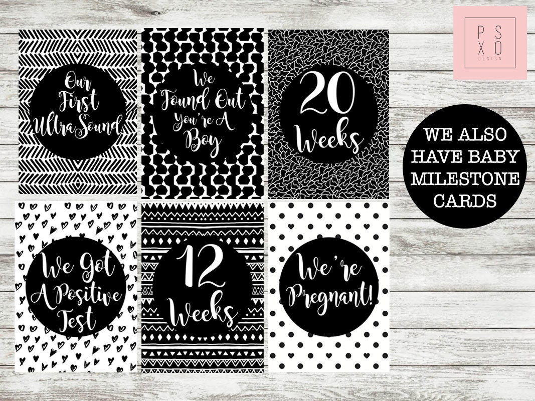 Printable Pregnancy Milestone Cards Monochrome Black White Il Fullxfull Printable Pregnancy Milestone Cards