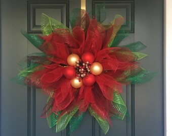 Poinsettia Mesh Christmas Wreath