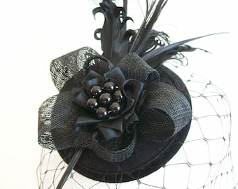 Black Rosalind Feather Plume & Crystal Vintage Elegant Percher Fascinator Mini Hat - Custom Made to Order