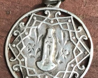 Our Lady of Lourdes Vintage Silver Religious Medal Pendant on 18" sterling silver rolo chain