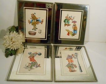 Set of 4 Vintage 1977 Clown Lithougraph BY Lluis Casamitjana with miorrored frame