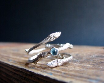 Blue Topaz Ring Twig Cabochon Witch Ring Silver Botanical Ring December Birthstone Gifts for her Under 100