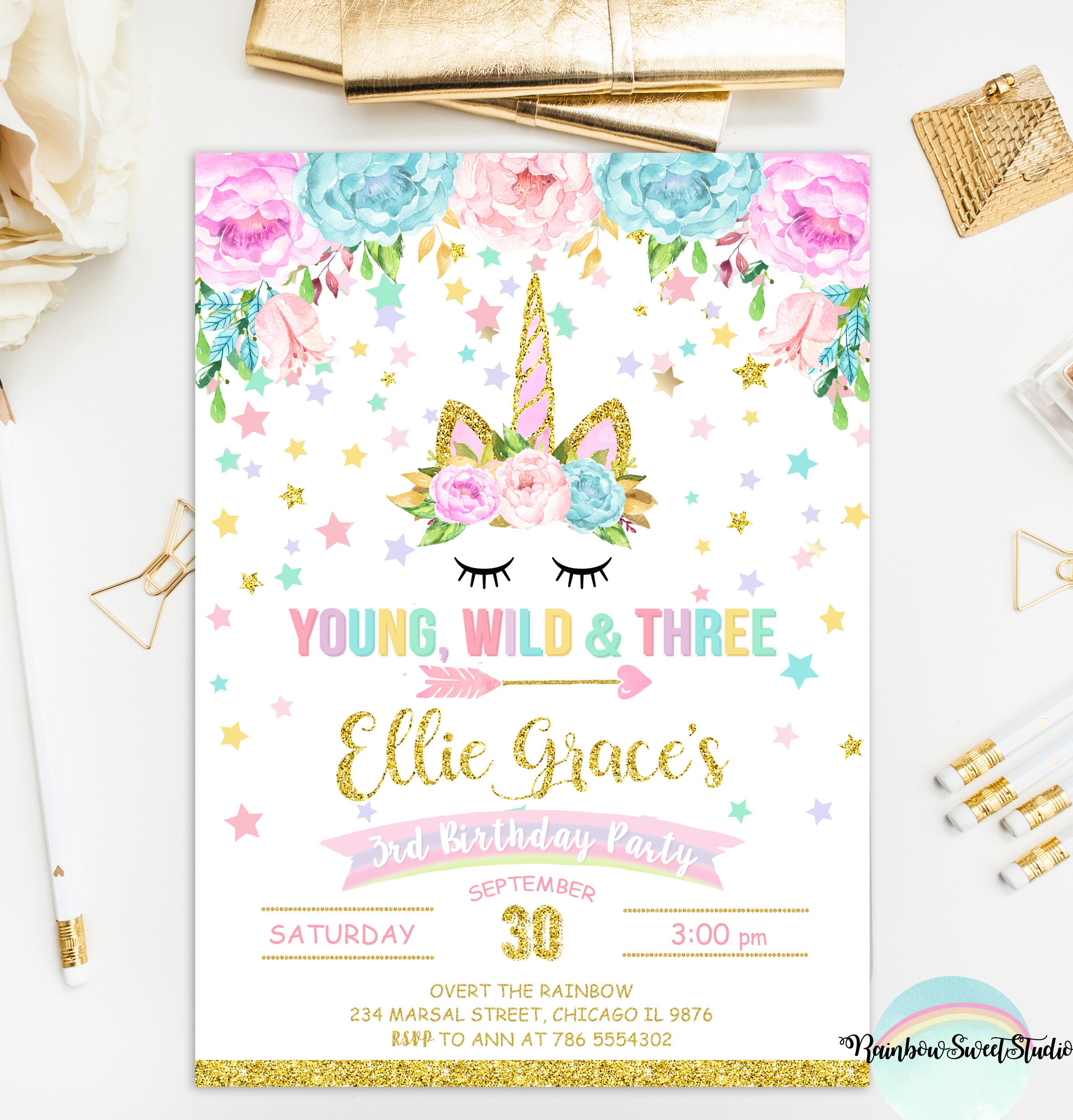 Unicorn Young Wild and Three Invitation Unicorn Birthday