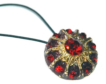Rhinestone Hair Accessory, Vintage Rhinestone Button Ponytail Hair Accessory, Ruby Red Stones with Gold Metal, Steampunk Style Hair Tie