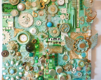 MIXED MEDIA, Canvas Steampunk, Steampunk Wall Art, Time Steampunk, Clock Art, Clock Collage, Time Art, Found Object Art, Office Wall Art