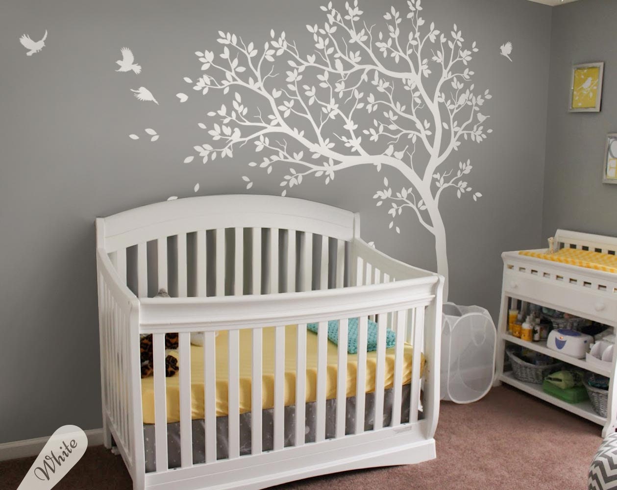 Large Nursery Tree Decals White Wall Sticker With Birds Zoom