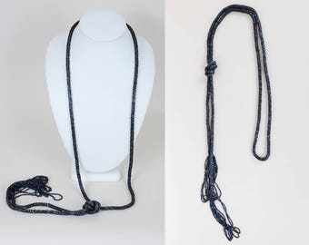 Vintage 20s Necklace / Art Deco 1920s Dark Blue Iridescent Carnival Glass Sautoir Necklace