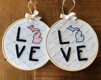 LOVE Michigan 5 inch embroidery hoop, decor